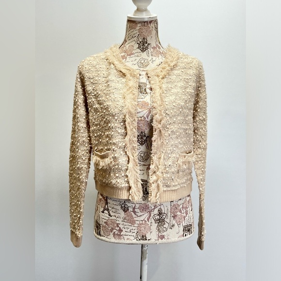 INTERNATIONAL CONCEPTS Cream fringe pearl like detail cardigan sweater size S - Picture 5 of 13